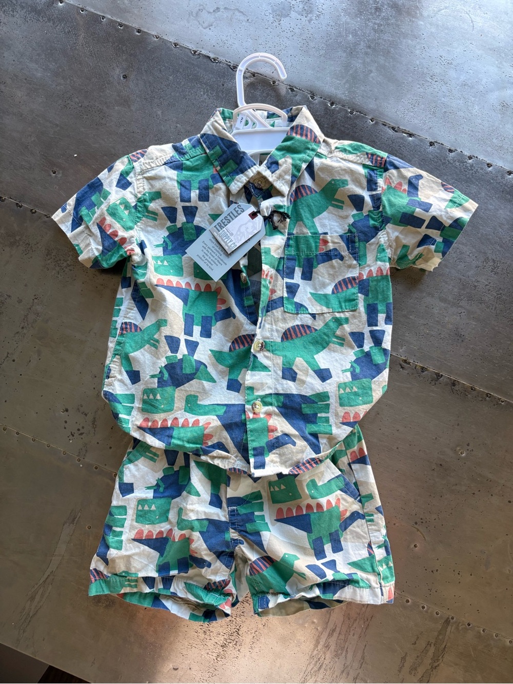 Kids' Short-Sleeve Dino Button-Down Shirt - Green/Blue